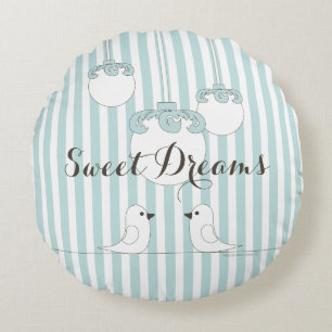 Baby Blue Stripe Cute Bird Children's Nursery Room Round Cushion