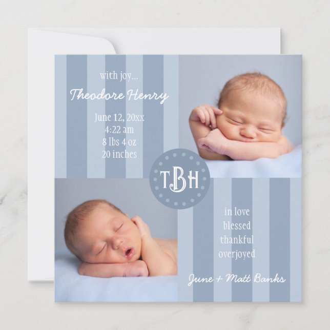 Baby Blue Stripe Monogram Birth Announcement (Front)