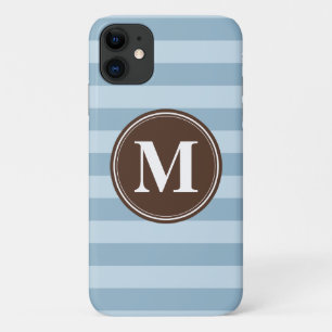 Baby Blue Stripes with Brown Monogram iPhone 11 Case