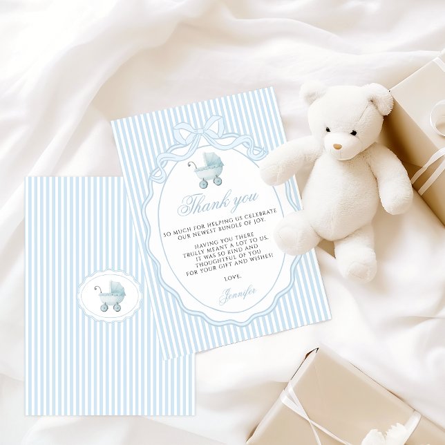 Baby Blue Stroller Bow Boy Shower Thank You Card (Creator Uploaded)