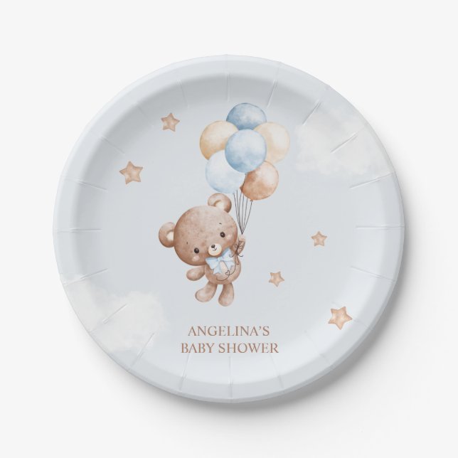 Baby Blue Teddy Bear Baby Shower Paper Plate (Front)