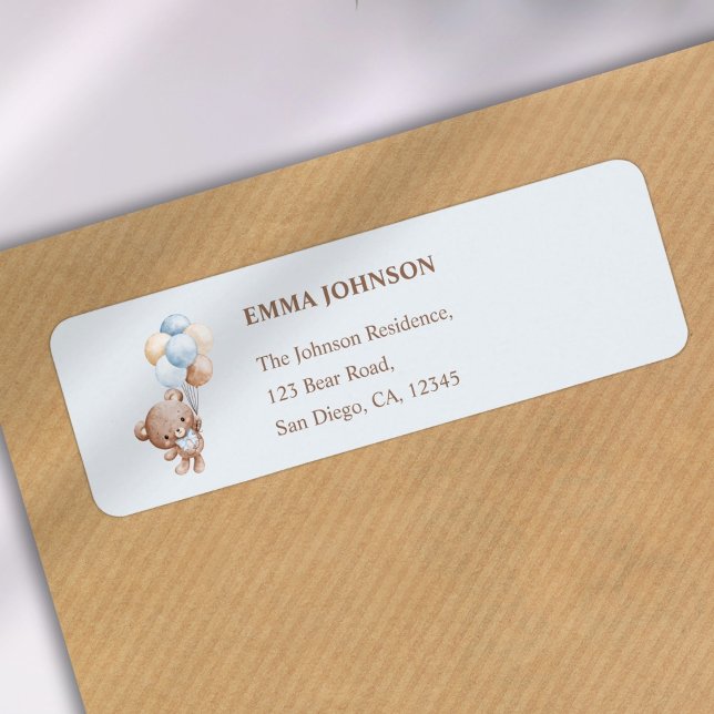 Baby Blue Teddy Bear Baby Shower Return Address Label (Creator Uploaded)
