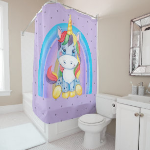 Baby Blue Unicorn on Purple Shower Curtain