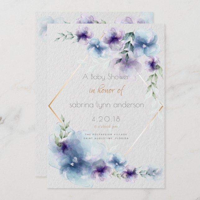 Baby Blue-Violet Translucent Watercolor Flowers Invitation (Front/Back)