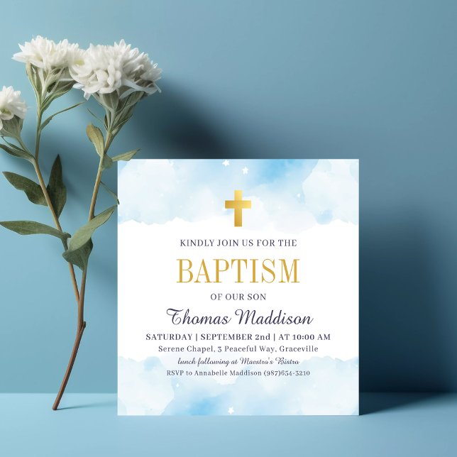 Baby Blue Watercolor Clouds Gold Cross Baptism Invitation (Creator Uploaded)