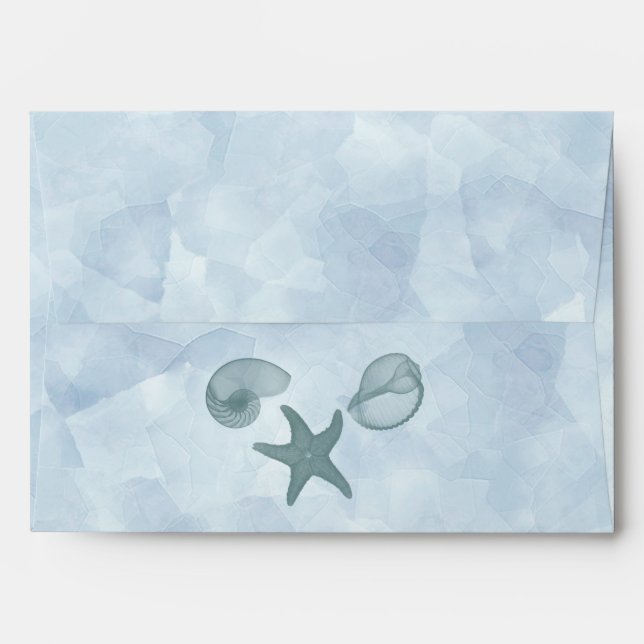Baby blue watercolor sea shells beach wedding envelopes (Back (Top Flap))