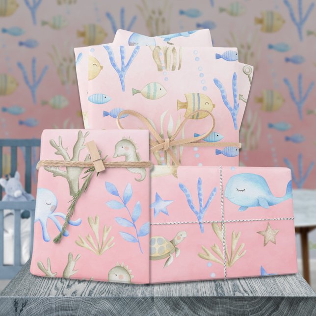 Baby Blue Whale Octopus Seahorse Under Sea Pink Wrapping Paper Sheet (Baby Blue Whale Octopus Seahorse Under Sea Pink Kids Gift Wrapping Paper Sheets Trio)