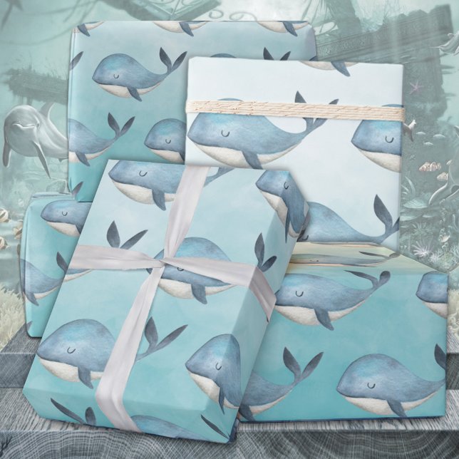 Baby Blue Whales Under The Caribbean Blue Sea Wrapping Paper (Baby Blue Whales Under The Deep Blue Sea Kids Gift Wrapping Paper Rolls)