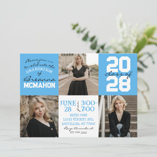 Baby Blue & White 3 Photo Graduation Invitation