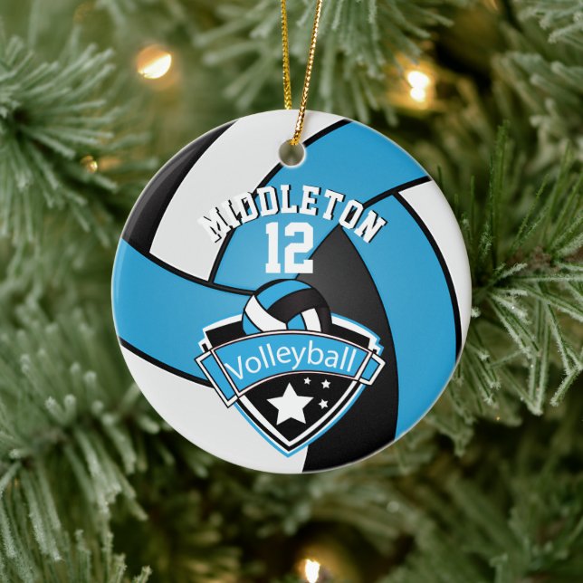 🏐 Baby Blue, White & Black Personalise Volleyball Ceramic Ornament (Tree)