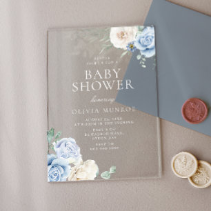 Baby Blue & White Floral Baby Shower Acrylic Invitations