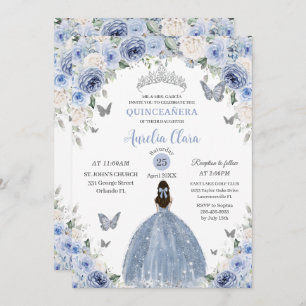 Baby Blue White Floral Princess Quinceañera XV 16 Invitation