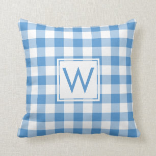 Baby Blue White Gingham Pattern, Custom Monogram Cushion