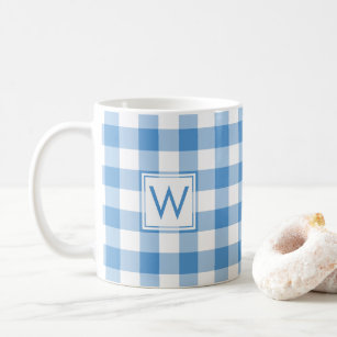 Baby Blue White Gingham Plaid Pattern Monogram Coffee Mug