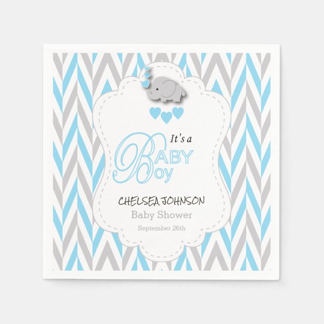 Baby Blue, White Grey Elephant Baby Shower 2 Napkin (Front)