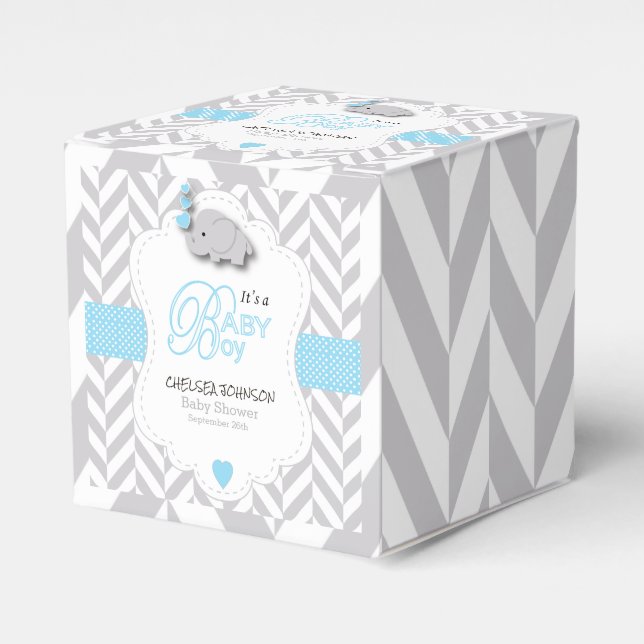 Baby Blue, White Grey Elephant Baby Shower Favour Box (Front Side)