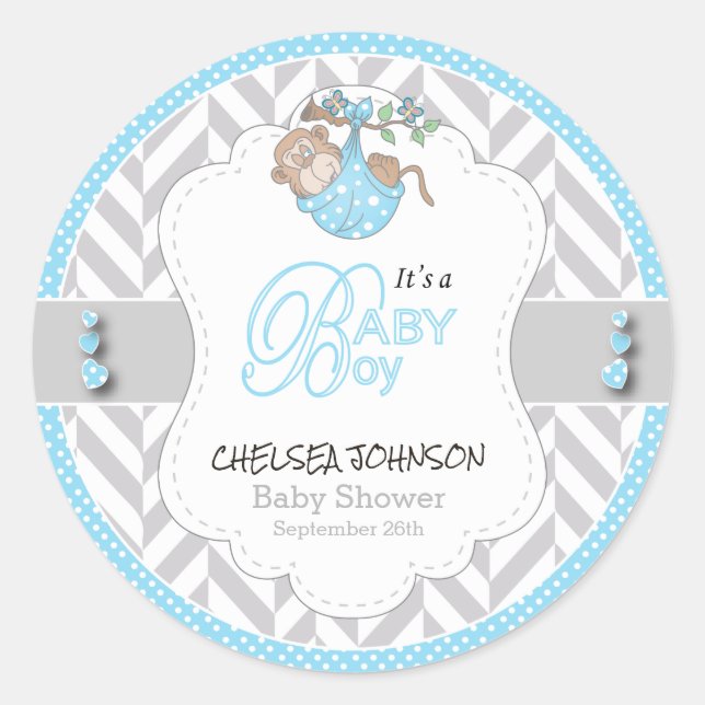 Baby Blue, White Grey Monkey Baby Shower Classic Round Sticker (Front)