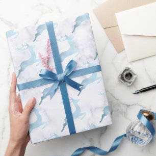 Baby blue white marble Christmas reindeer pattern Wrapping Paper
