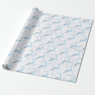 Baby blue white marble Christmas reindeer pattern Wrapping Paper
