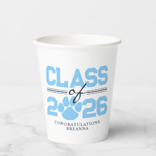 Baby Blue & White Pawprint Class Year Graduation Paper Cups