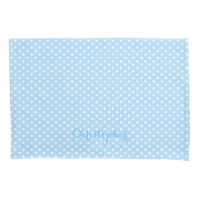 Baby Blue White Polka Dots Pattern Monogrammed Pillowcase (Front)