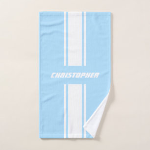 Baby Blue White Racing Stripes Monogram Kids Boys Bath Towel Set