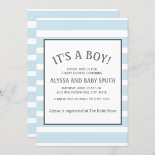 Baby Blue White Striped Baby Boy Shower Invitation