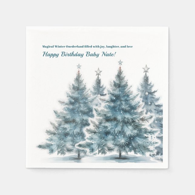 Baby Blue Winter Onederland 1st Birthday Party Napkin (Front)