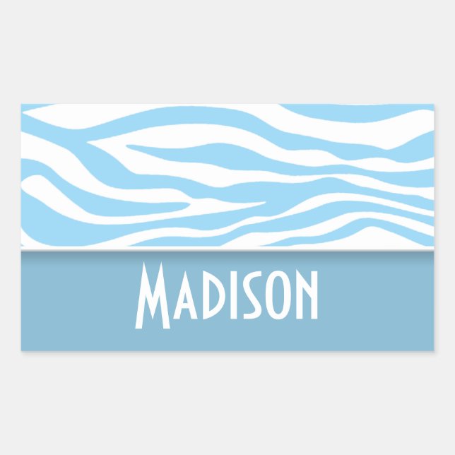 Baby Blue Zebra Animal Print; Personalised Rectangular Sticker (Front)