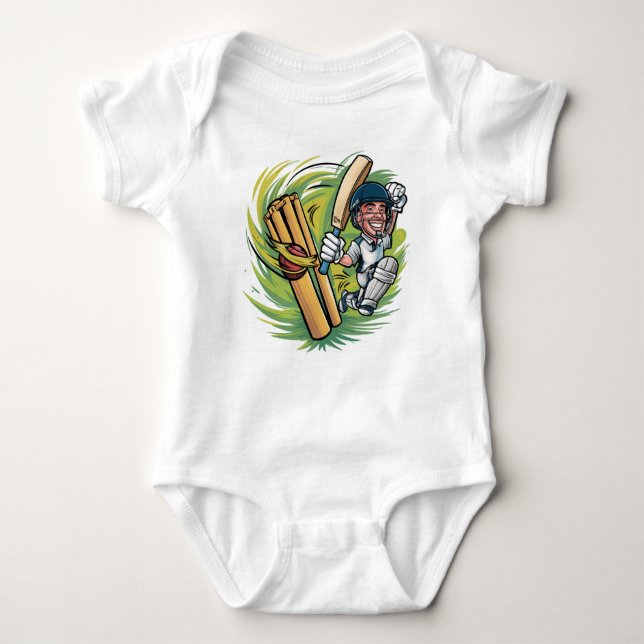 Baby Body suit Cricketer with bat, ball and wicket Baby Bodysuit (Front)