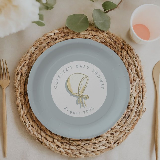 Baby Bonnet Baby Shower Blue Paper Plate (Mint blue baby bonnet baby shower personalized party paper plates.)