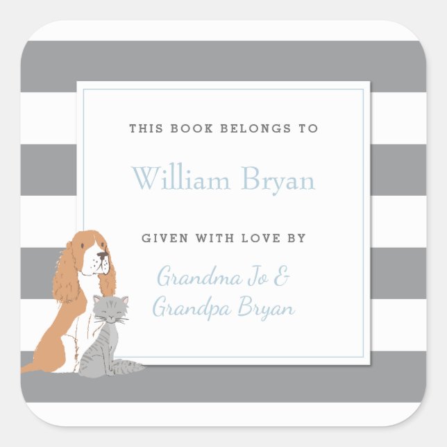 Baby Bookplate Grey Stripes Pets Dog and Cat Square Sticker (Front)