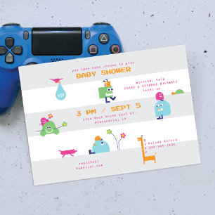 Baby Bots Grey Striped Baby Shower Invitation