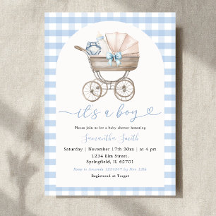 Baby Bottle Carriage Blue Gingham Baby Shower Invitation