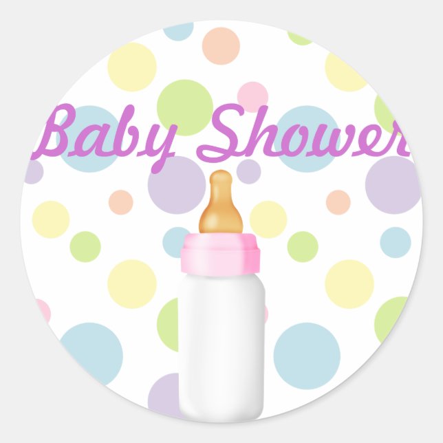 Baby Bottle & Polka Dots Baby Shower Sticker/seal Classic Round Sticker (Front)