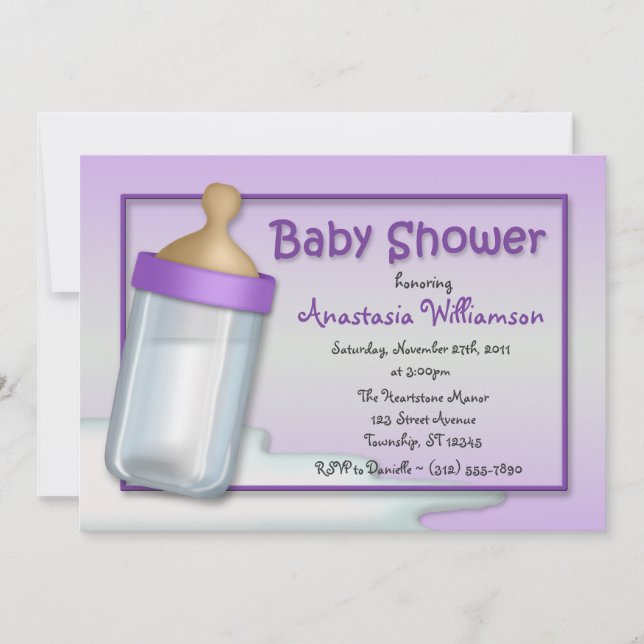 Baby Bottle Purple Baby Shower Invitations (Front)