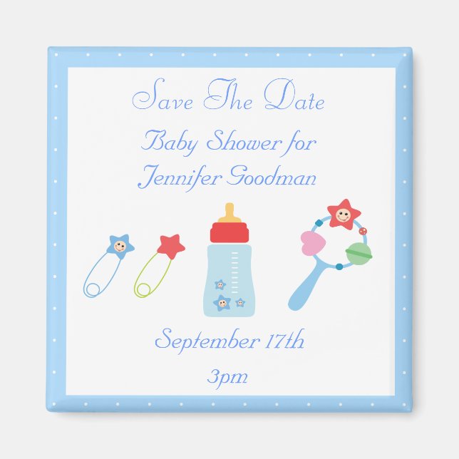 Baby Bottle & Rattle Save The Date Baby Shower Magnet (Front)