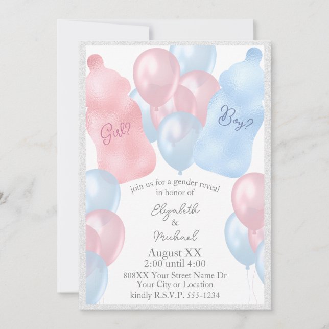 Baby Bottles and Balloons Gender Reveal Party Invitation (Front)