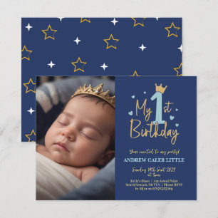 Baby boy 1st birthday invitation with photo