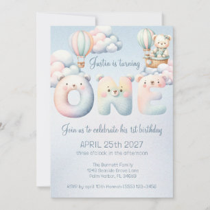 Baby Boy 1st Birthday Teddybear Air Balloon Clouds Invitation