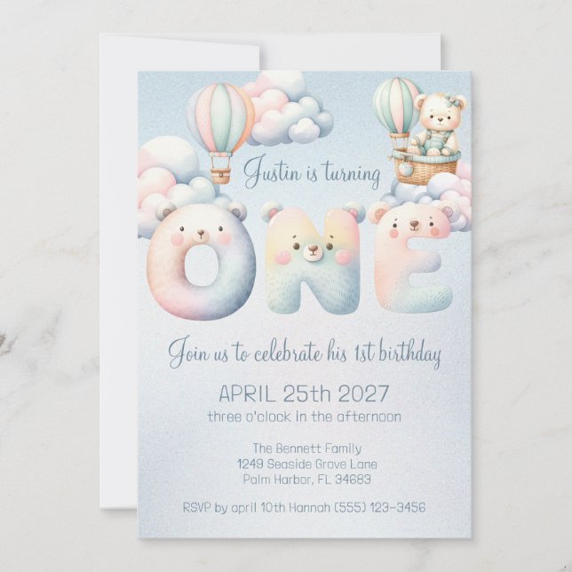 Baby boy 1st birthday teddybear air balloon clouds invitation (Front)