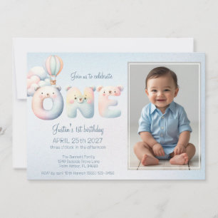 Baby boy 1st birthday teddybear air balloon photo invitation