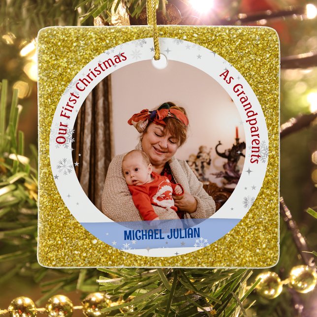Baby Boy 1st Christmas As Grandparents 2 Photos Ceramic Ornament (Elegant Modern Cute Golden Our First Christmas as Grandparents Baby Boy 2 Photos Faux Glitter)