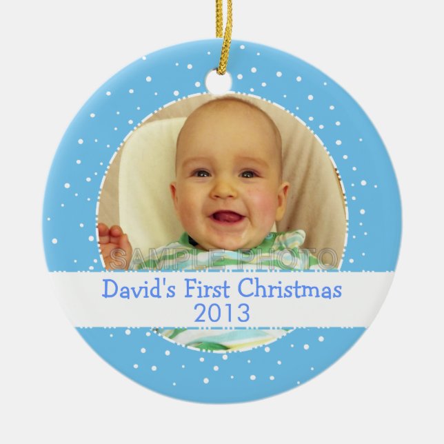 Baby Boy 1st Christmas Blue Round Photo Ornament (Front)