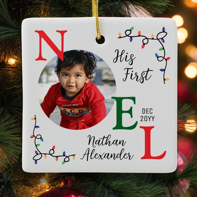 Baby Boy 1st Christmas Colourful 1st Noel Photo Ceramic Ornament (Creator Uploaded)