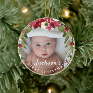 Baby Boy 1st Christmas Holly Wreath Photo Keepsake Ceramic Ornament