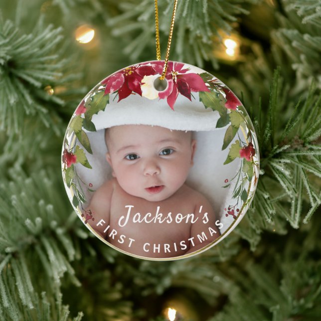 Baby Boy 1st Christmas Holly Wreath Photo Keepsake Ceramic Ornament (Tree)