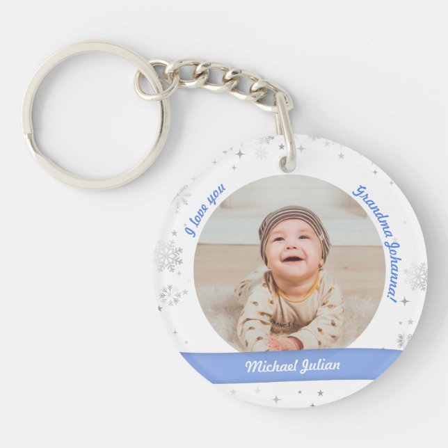 Baby Boy 2 Photos Names Birth Grandma Snow Xmas Key Ring (Front)