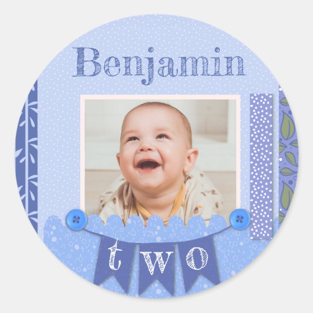 Baby Boy 2nd Birthday Blue Scrapbook Classic Round Sticker (Front)