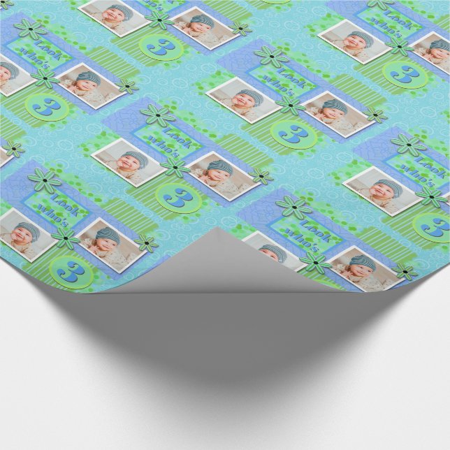 Baby Boy 3rd Birthday Blue & Green Scrapbooking Wrapping Paper (Corner)